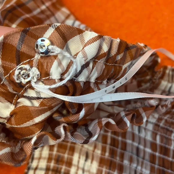 Check brown and white smocked puff sleeve square neck peasant dress NWT - Picture 8 of 14